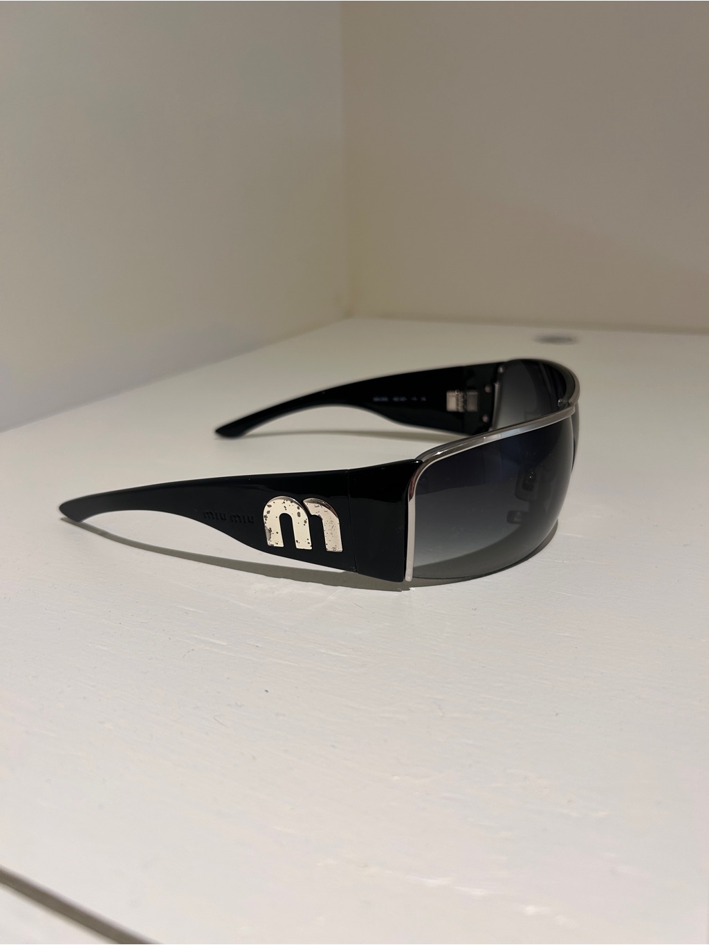 Miu Miu Black Shield Sunglasses With Silver 'M' Detail